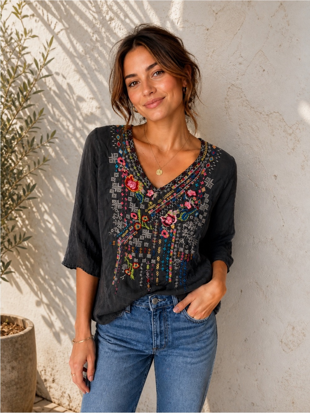 Johnny Was Black V-Neck Blouse with Multicolor Floral Embroidery